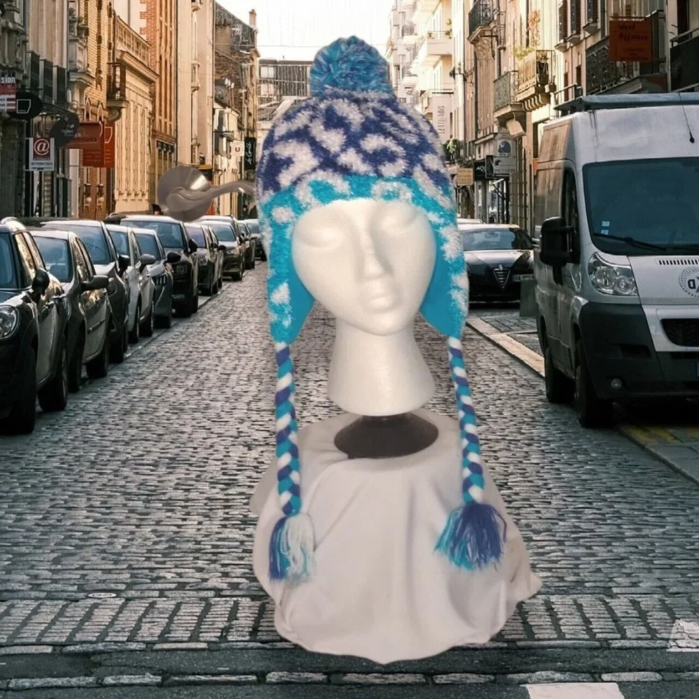Girls Multi‎ Blues & White Lined Beanie Hat with Braided Ties and Pompom